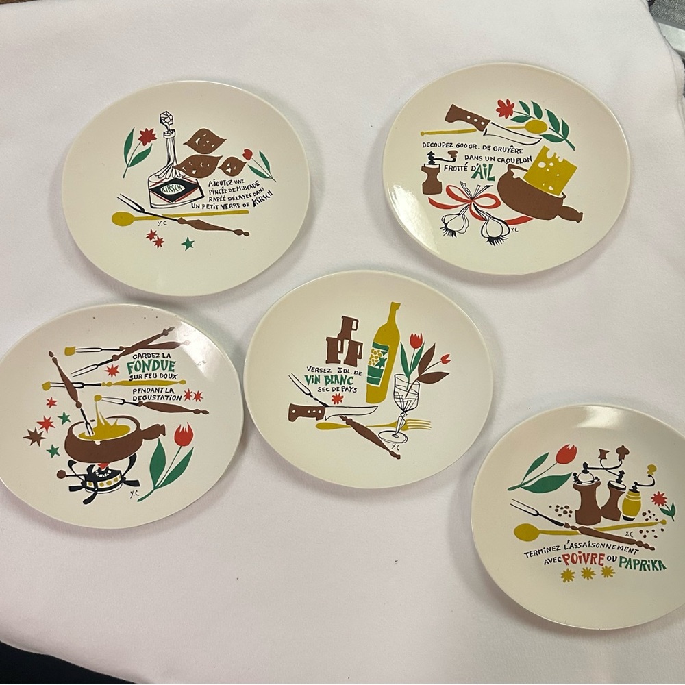 Vintage Salins France Thonon set of 5 decorative fondue plates